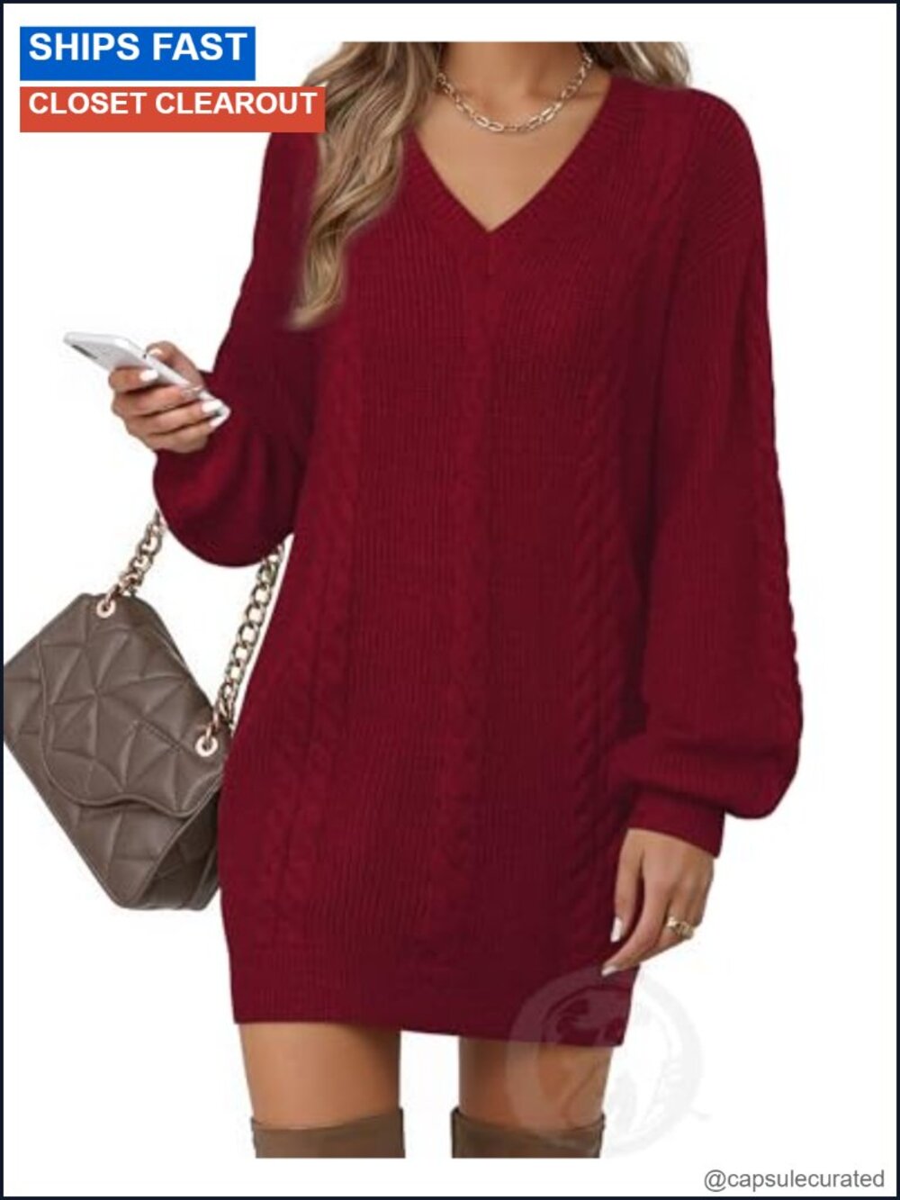 Women's V Neck Lantern Sleeve Knit Mini Sweater Dress Fall Winter